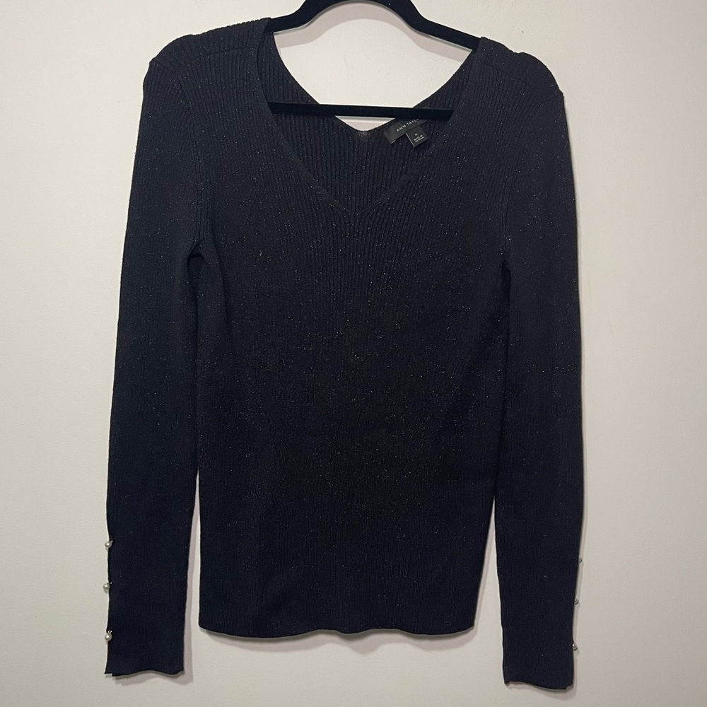 Ann Taylor Black Metallic V-Neck Sweater Pearl Button Cuffs Women’s size M